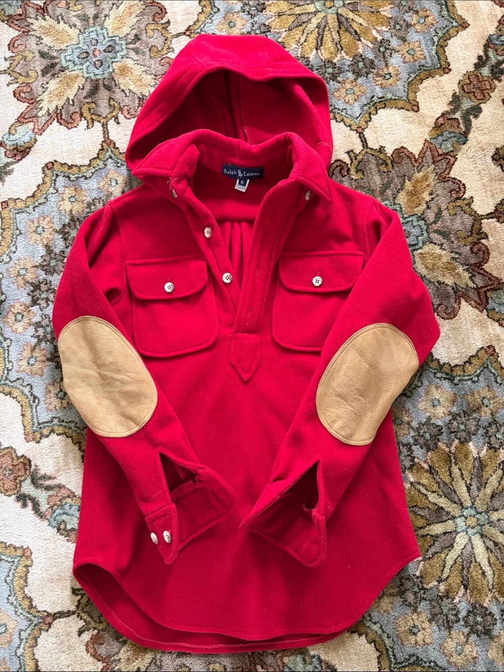 *VINTAGE* 1970's Ralph Lauren Bright Red Hooded Fleece with Suede Elbow Patches